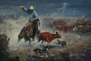 インディアナ カウボーイ Painting - 嵐の中で牛を捕まえるカウボーイ